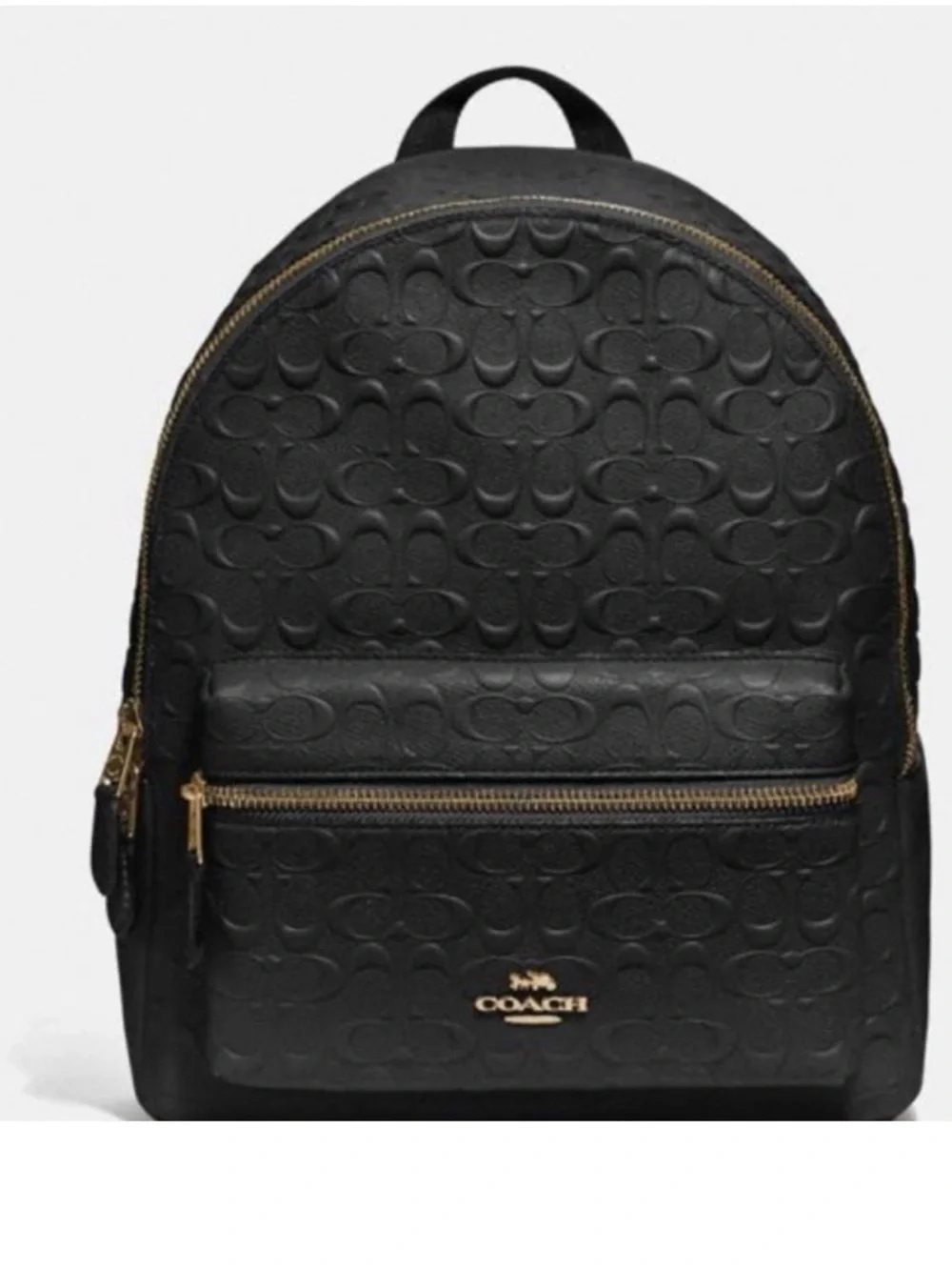 Coach Black Embossed Leather medium Charlie Backpack with Gold Hardware Accent